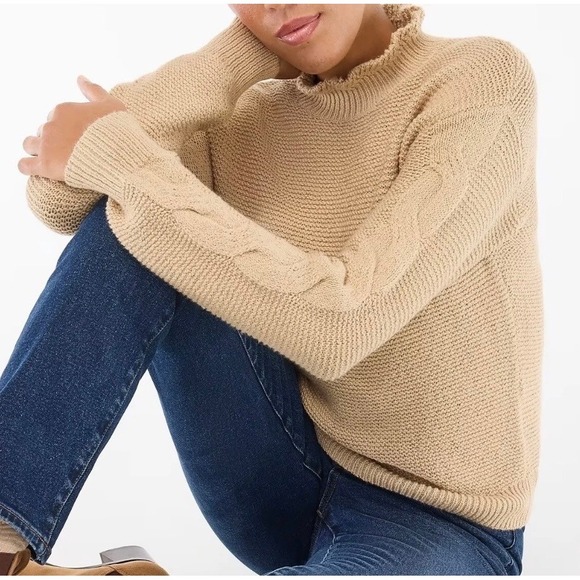 J. Crew Factory Womens S Tan Mock Neck Cable Knit Sleeve Sweater Neutral Coastal - Picture 10 of 11